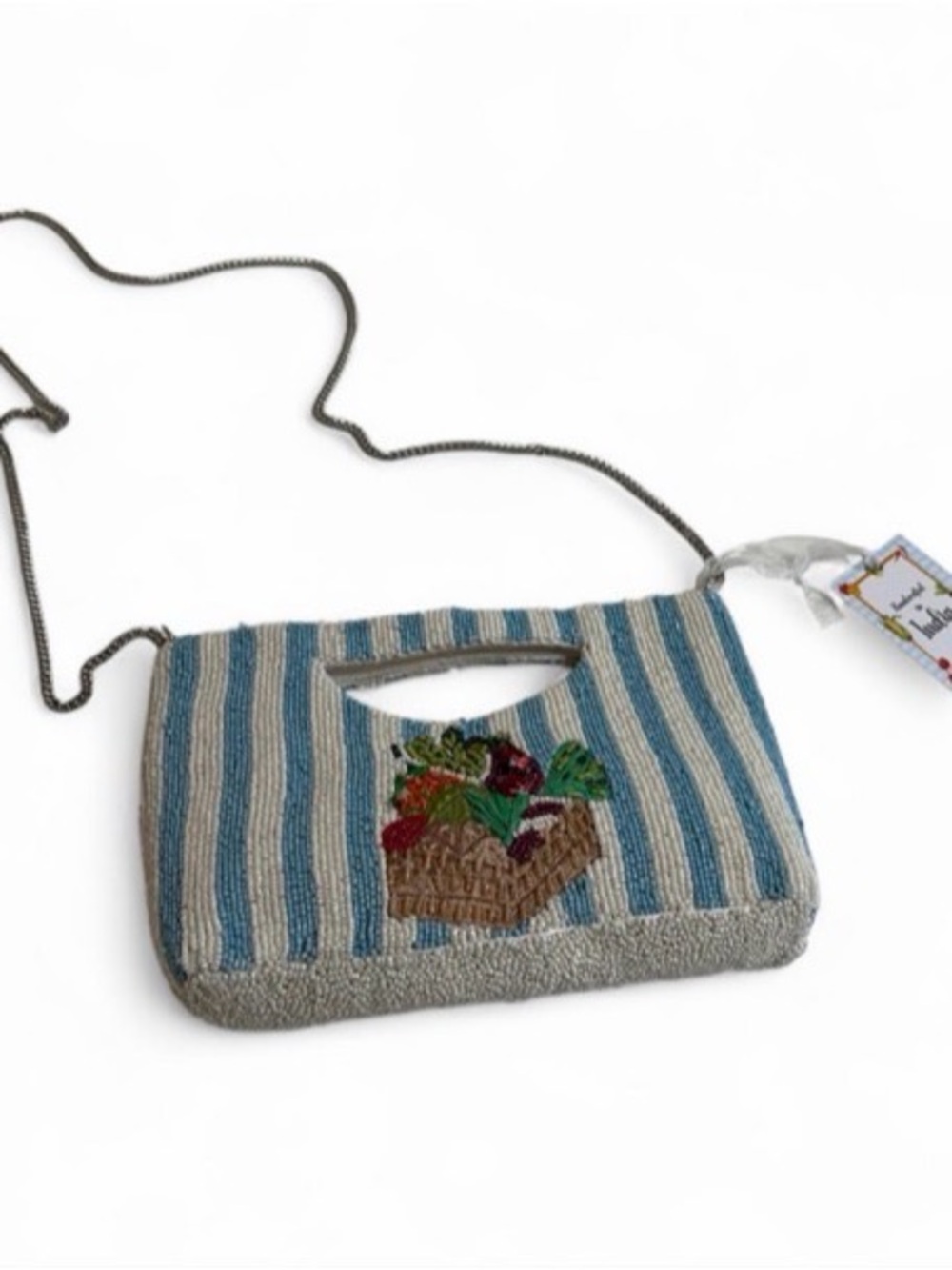 Beaded Hand-Embroidered Blue & White Stripe Crossbody Bag